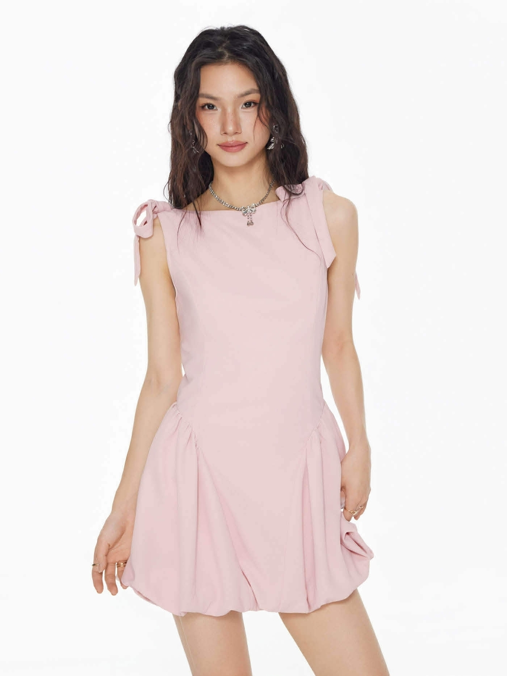 Cider Light Pink Tie-Shoulder Bubble Hem Mini Dress NEW sixe S